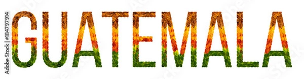 Fototapeta word guatemala country is written with leaves on a white insulated background, a banner for printing, a creative developing country colored leaves guatemala