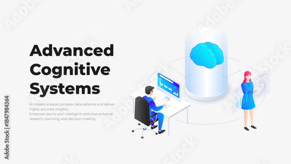 Obraz Advanced Cognitive Systems Illustration. AI Brain Analysis, Data Processing, Research Technology, Machine Learning Visualization for Presentation Template and Digital Innovation