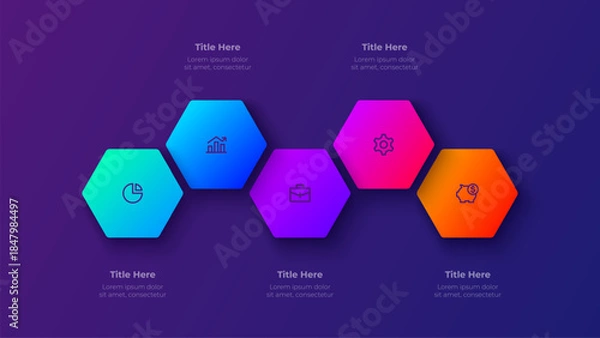 Obraz Five Step Process Infographic Template. 5 Steps Circular Gradient Diagram for Presentation and Data Flow