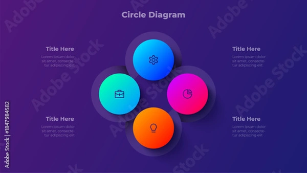 Obraz Four Step Circle Diagram. 4 Step Gradient Infographic Template for Presentation, Process Flow, Data Visualization and Business Strategy