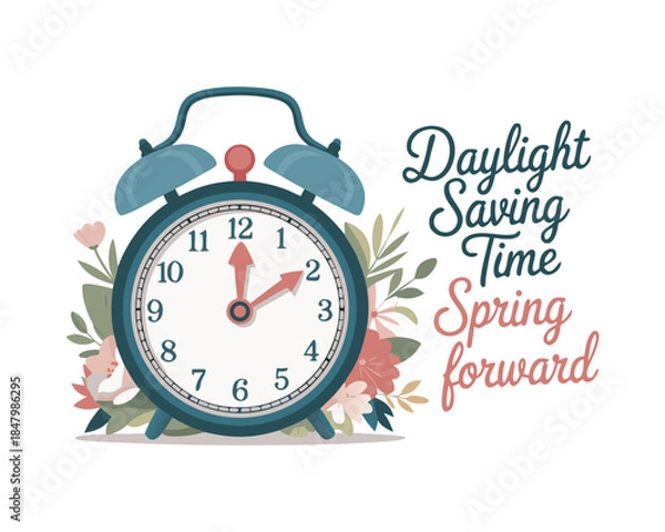 Fototapeta Daylight Saving Time banner. The clocks moves forward one hour. Floral decoration with pink flowers. Spring clock changes concept for web, emailing. Modern flat design, cartoon vector illustration