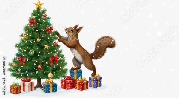 Obraz A squirrel decorating a Christmas tree with ornaments and presents under it.