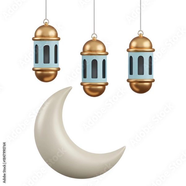 Fototapeta Hanging Ramadan Lanterns with Crescent Moon, Islamic Night 3D Illustration