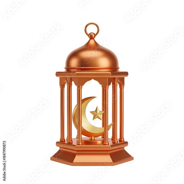 Fototapeta Golden Ramadan Lantern with Crescent Moon and Star, Islamic 3D Illustration