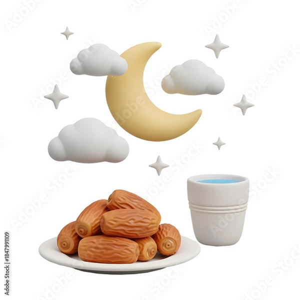 Fototapeta Dates and Milk at Night with Crescent Moon, Healthy Ramadan Food Concept