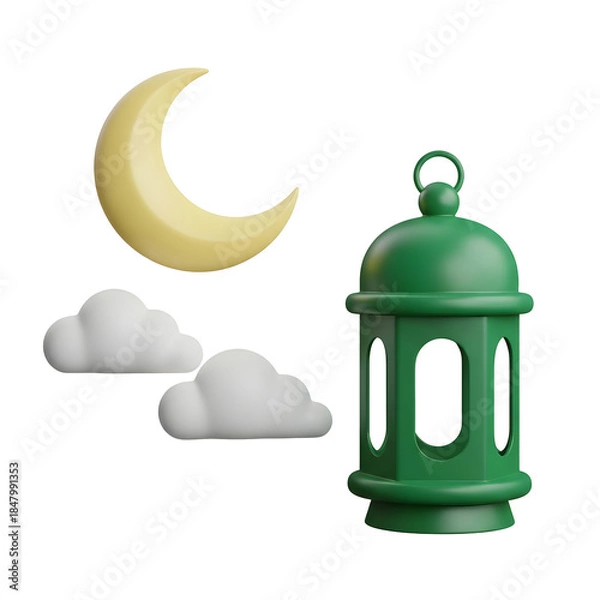 Fototapeta Green Ramadan Lantern with Crescent Moon and Clouds, Islamic 3D Illustration