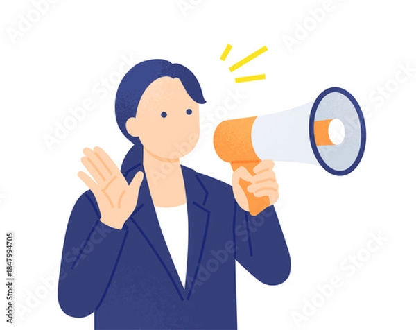Obraz 重大ニュースを発表する広報。キャンペーンやセールの告知をするスーツ姿の女性のイラスト。