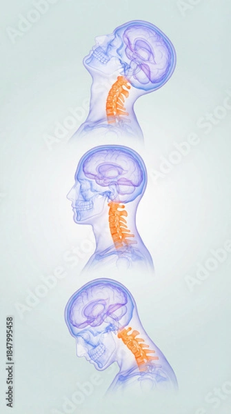 Fototapeta Three head positions, extension neutral and flexion, highlighting cervical spine in orange. Medical illustration for anatomy, posture education, physiotherapy, and spinal biomechanics content.