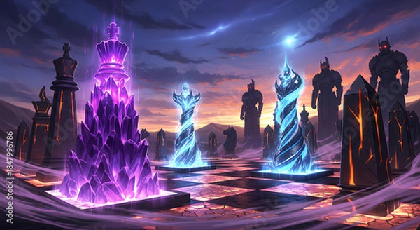 Obraz Giant Crystal Chess Pieces with Magical Aura on a Cracked Desert Board at Sunset
