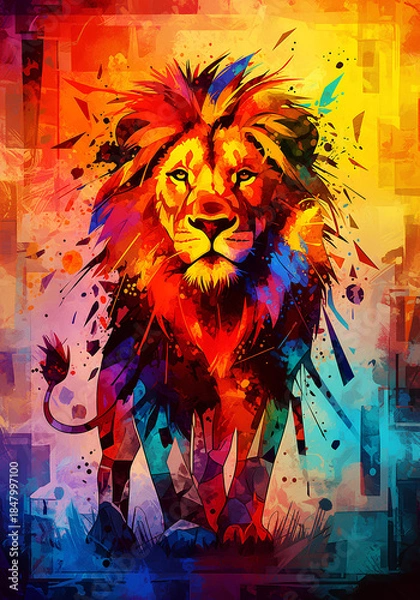 Obraz Powerful Lion Frontal Portrait in Intense Abstract Colorful Paint Style