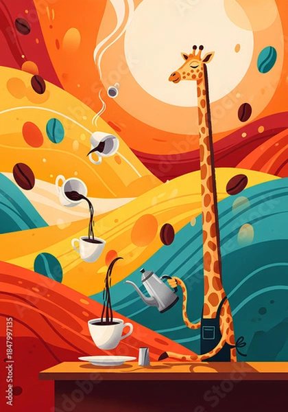 Obraz Tall Giraffe Barista Pouring Coffee into Floating Cups in a Warm Abstract Landscape