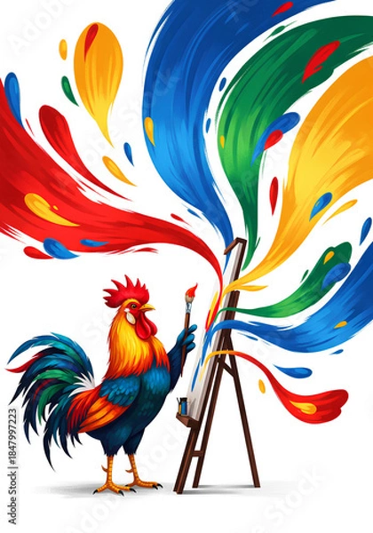 Obraz Creative Rooster Painter Standing by Easel with Exploding Vibrant Paint Swirls