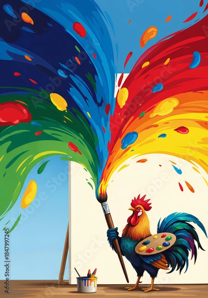 Obraz Rooster Artist Holding Large Brush Creating a Massive Splash of Multi-Colored Paint