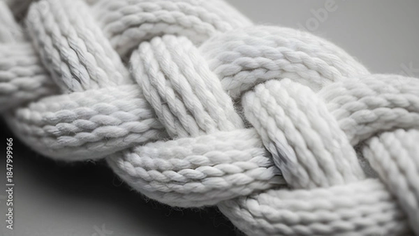 Fototapeta Close-up of a white rope with intricate braided texture and pattern on a neutral background.