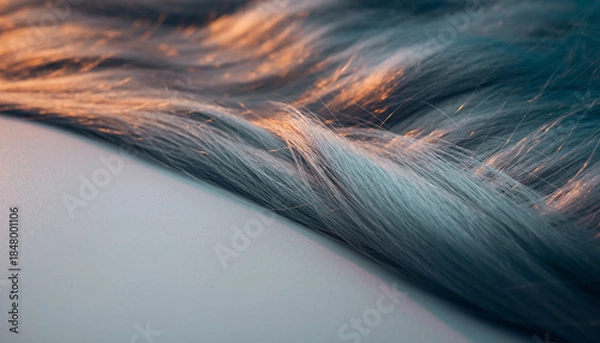 Obraz A blond fashion model with a brown hairstyle poses for a beauty cut featuring a feather duster on a blue background in an abstract style