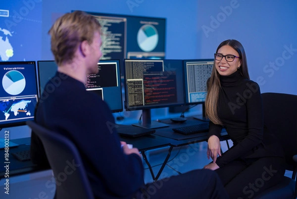 Obraz Collaborative incident response team discussing cybersecurity data in a digital control room