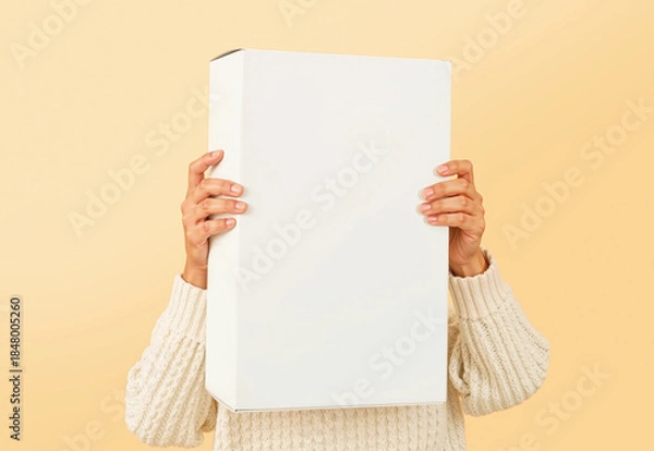 Fototapeta Hands holding blank white cereal packaging mockup, ai generated