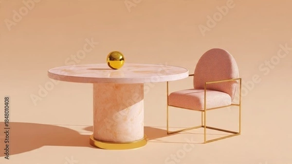 Fototapeta Golden Sphere Resting on Table with Chair in Pastel Room

