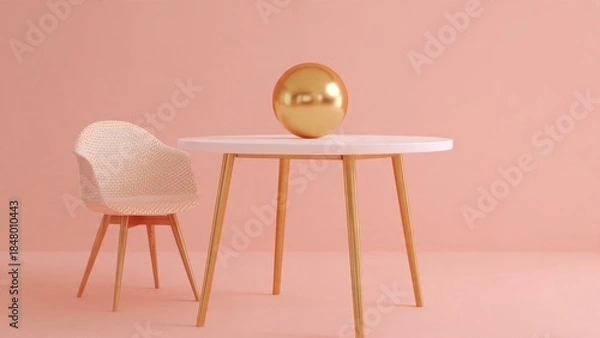 Fototapeta Golden Sphere Resting on Table with Chair in Pastel Room

