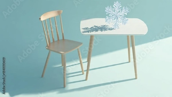 Fototapeta Winter Snowflake Resting on a Child's Desk in a Pastel Room

