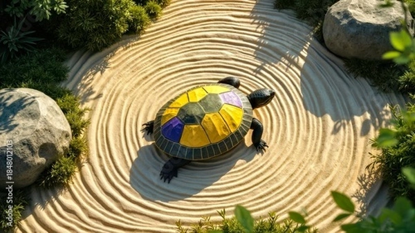Obraz In the warm sand court, the colorful shell turtle lies quietly beside the stone