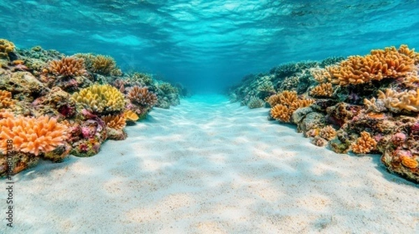 Obraz A vibrant underwater scene featuring colorful coral reefs and sandy seabed, showcasing the beauty of marine life and ecosystems.