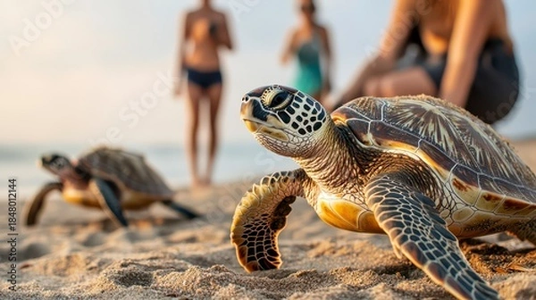 Obraz A sea turtle crawls on the sandy beach, with people in the background enjoying the sun and surf during a warm, vibrant day.