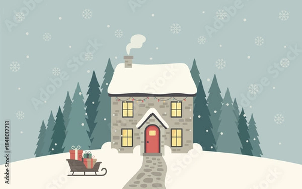 Obraz Christmas Cottage In Snowy Forest