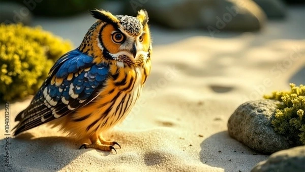 Obraz Amidst the withered mountains and rivers, colorful owls stand still on the sandy surface