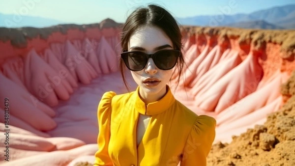 Obraz Yellow clad figure wearing a mirror stands still in the Crimson Canyon