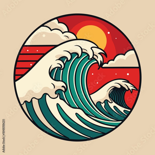 Obraz Retro Ocean Wave Sunset Illustration
