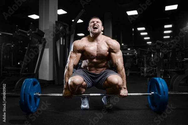 Obraz Brutal strong bodybuilder athletic men pumping up muscles with dumbbells.