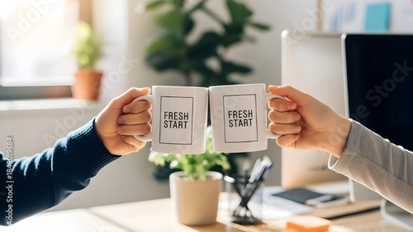 Fototapeta Two people toast white mugs labeled "FRESH START" in a sunlit office, symbolizing new beginnings, teamwork, and positive energy in a modern work setting.