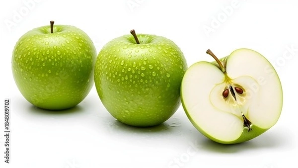 Fototapeta Three fresh green apples on white background—two whole with water droplets, one sliced to reveal juicy interior, symbolizing health, freshness, and natural nutrition.