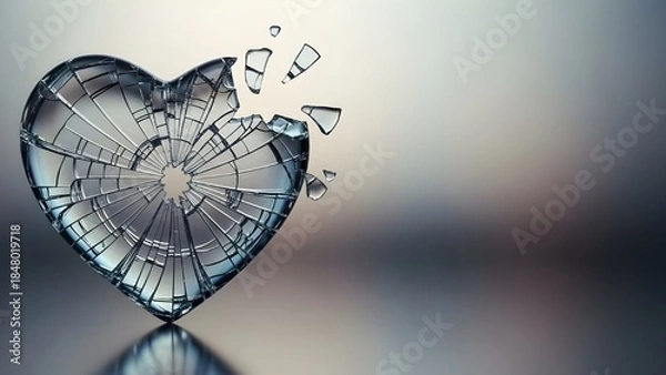 Fototapeta Shattered glass heart with radiating cracks and fragments, symbolizing emotional pain, heartbreak, and fragility against a soft blurred background.