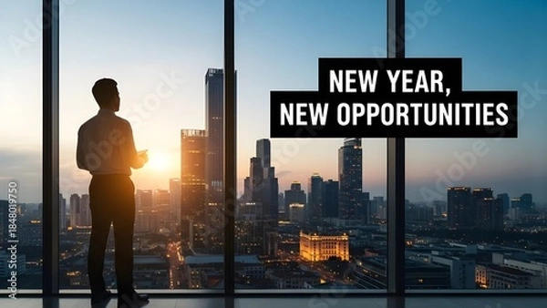Fototapeta Businessperson in high-rise office at sunset, holding tablet, with bold text "NEW YEAR, NEW OPPORTUNITIES"—symbolizing ambition, reflection, and fresh beginnings.
