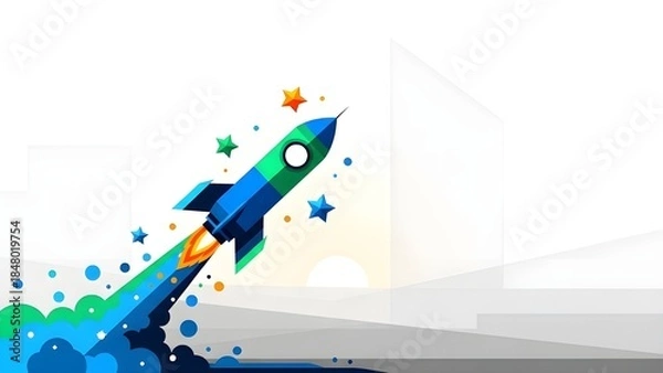 Fototapeta Colorful rocket launches with vibrant trail and stars, symbolizing innovation, ambition, and new beginnings in a whimsical futuristic setting.