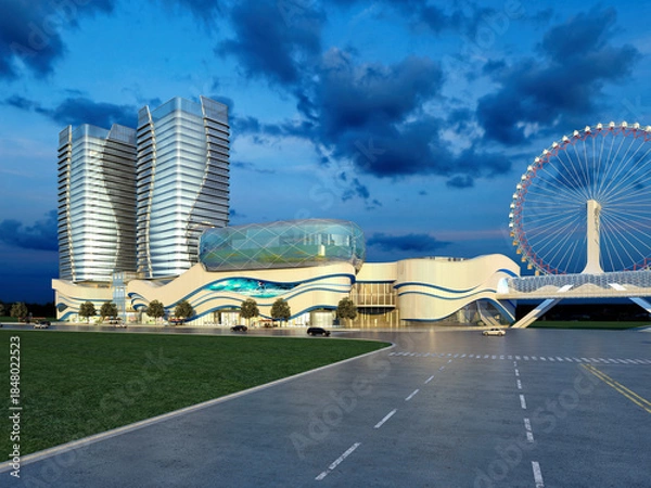 Obraz Modern Urban Skyline with High-Rise Towers at Dusk. 3D Rendering