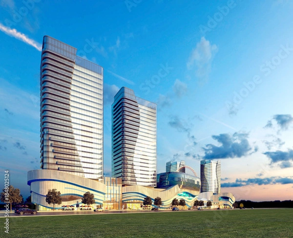 Obraz Modern Urban Skyline with High-Rise Towers at Dusk. 3D Rendering