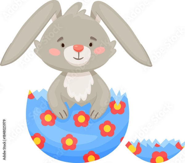 Obraz Cute gray bunny hatching from blue Easter egg