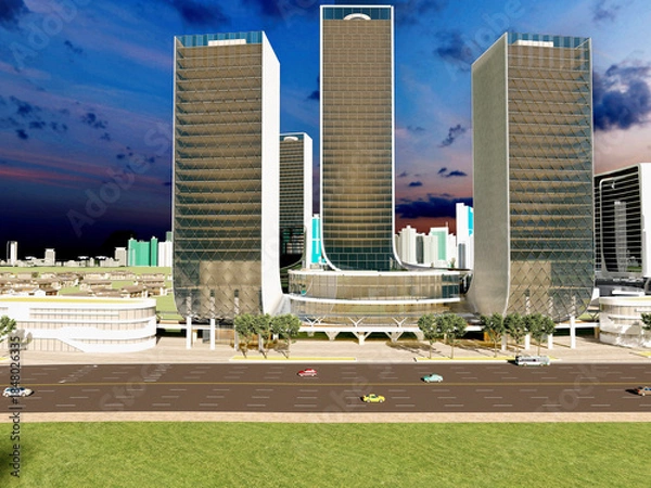 Obraz Modern Urban Skyline with High-Rise Towers at Dusk. 3D Rendering
