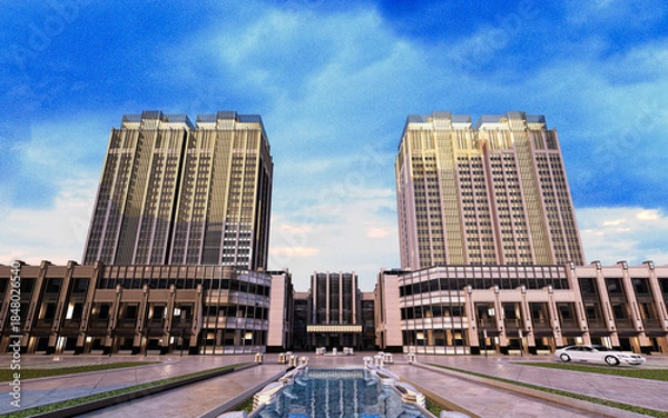 Obraz Modern Urban Skyline with High-Rise Towers at Dusk. 3D Rendering