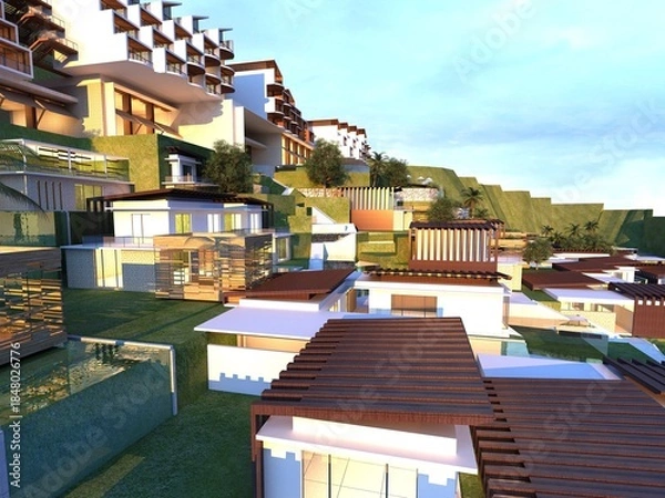 Obraz Luxury Hillside Resort Villas with Infinity Pools. 3D Rendering