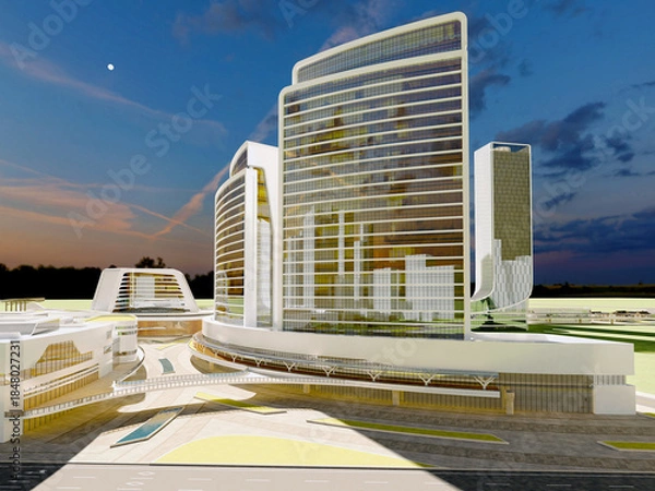 Obraz Futuristic Mixed-Use Towers in Modern Urban Plaza – 3D Rendering