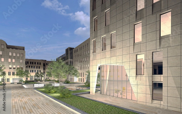 Obraz Modern Urban Skyline with High-Rise Towers at Dusk. 3D Rendering