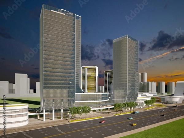 Obraz Modern Urban Skyline with High-Rise Towers at Dusk. 3D Rendering