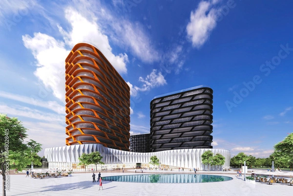 Obraz Modern Urban Skyline with High-Rise Towers at Dusk. 3D Rendering