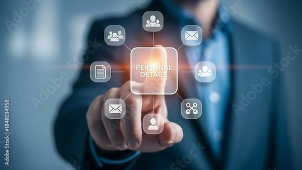 Fototapeta Businessman interacting with futuristic digital interface icons floating in mid air around his hand in a professional setting