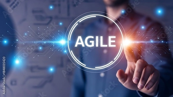 Fototapeta Agile business methodology concept with futuristic interface and hand interaction