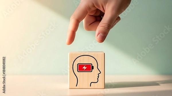 Fototapeta A hand placing a finger on a wooden block with a human head outline and red youtube logo inside